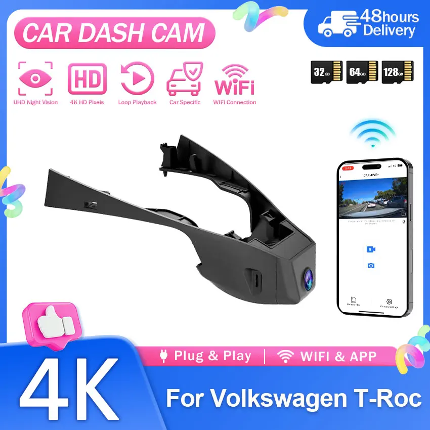 4K Dash Cam For VW Volkswagen T-Roc T Roc Troc 2017~2026 Front and rear dual cameras DVR With Night Vision Loop Recording