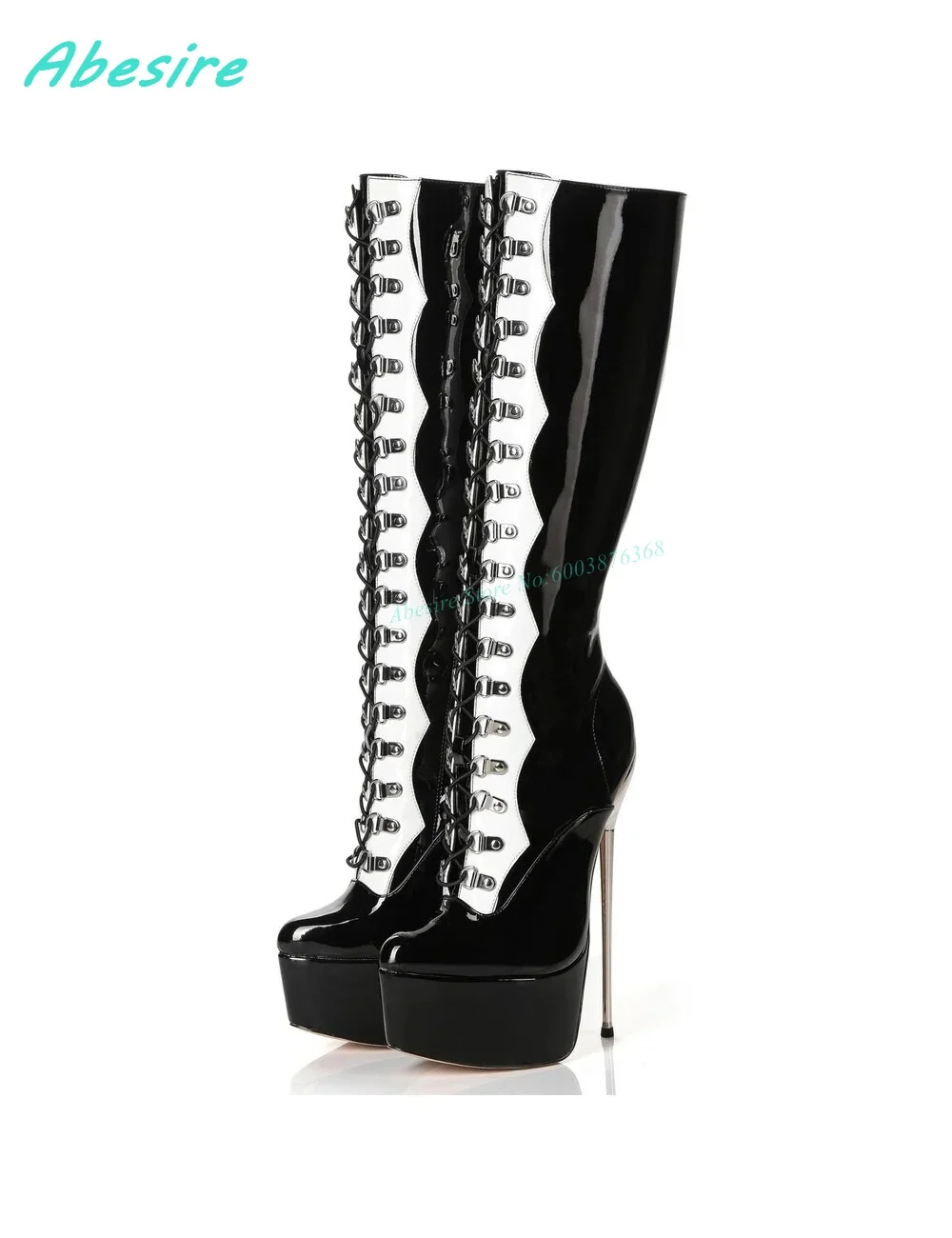 Sexy Girls Party Shoes Mixed-Color Patchwork Metal Stiletto Heels Knee High Boots Platform Round Toe Side Zipper Shoes for Women