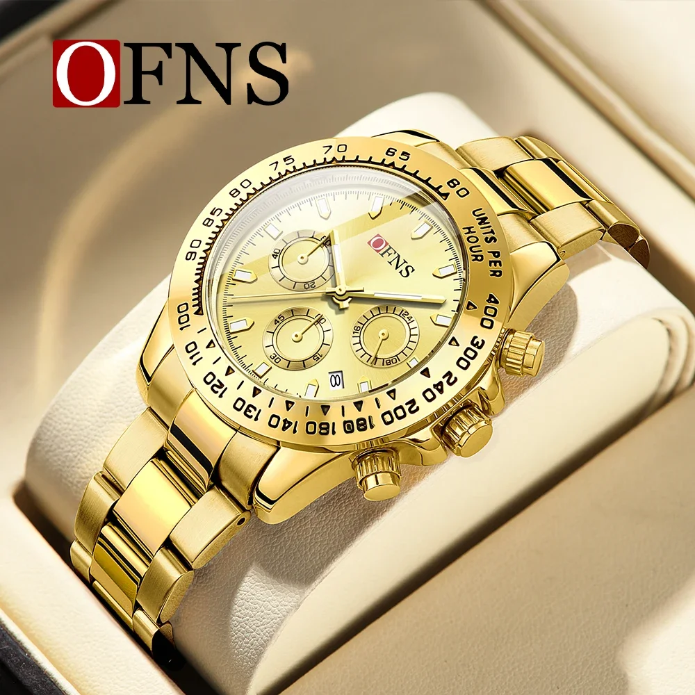 

OFNS Top Brand 1525 New Leisure Men's Quartz Watch Calendar Steel Band Six Needle Large dial Waterproof Men's Watches