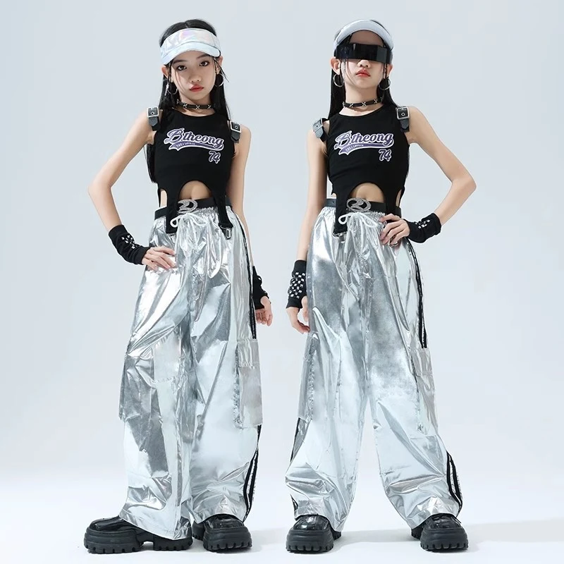 

Kids Clothing Jazz Dance Vest Silver Cargo Pants Outfits Hip-hop Suit Street Dance Clothes Catwalk Show Costumes DQL9582
