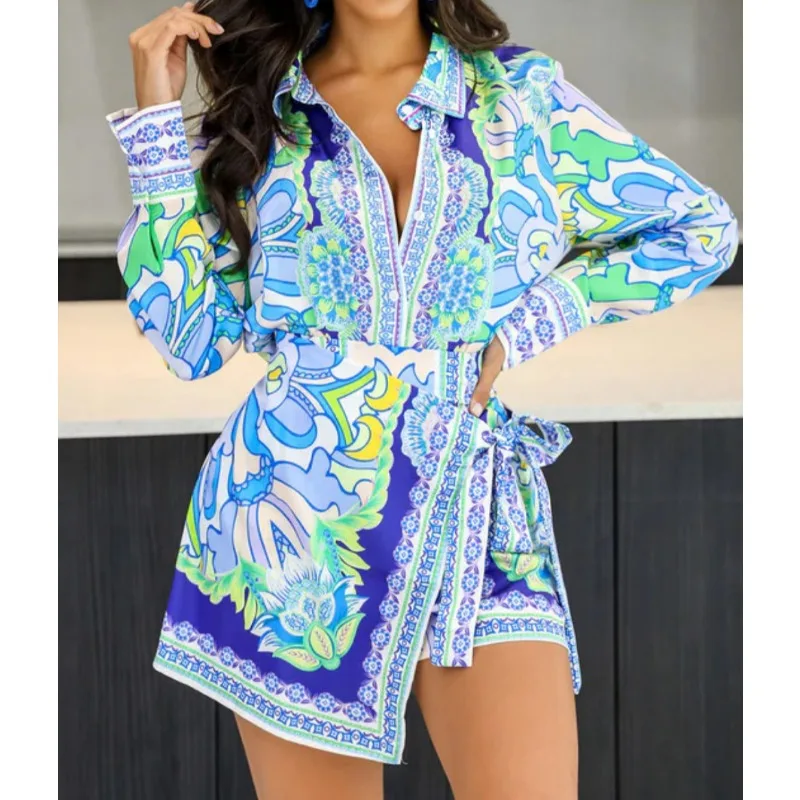 

Stylish women's 2-piece set Vintage long-sleeved shirt and split skirt shorts matching suit casual sportswear women's wear