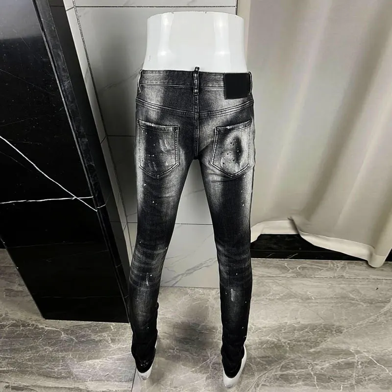 Fashionable new men's jeans, painted, washed, nostalgic, stretchy, slim fit, black gray jeans, designer hip-hop brand pants, Y2K