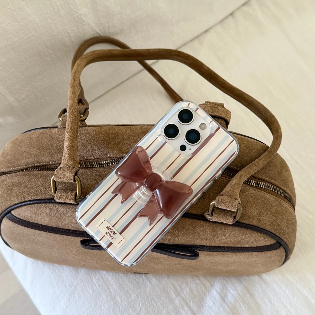 الخريف الشتاء بسيط الأزرق البني شريط Bowknot مع حامل للصدمات واقية غطاء الهاتف آيفون 17 16 15 14 برو ماكس