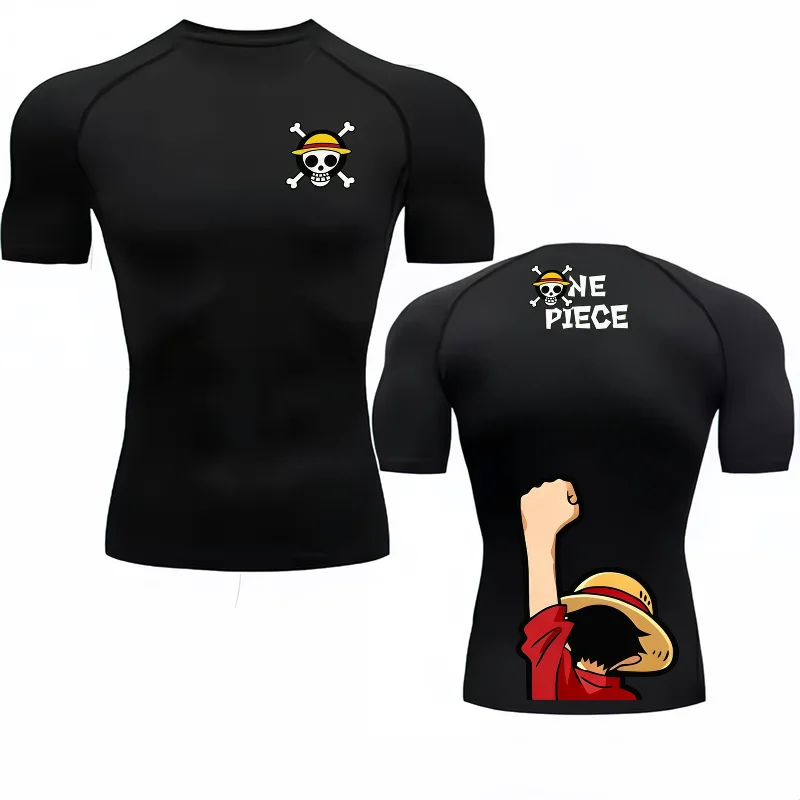 Bandai One Piece Luffy Anime Print Men's Compression T-Shirt, Quick Dry Breathable Gym Running Workout Elastic Fitness Top