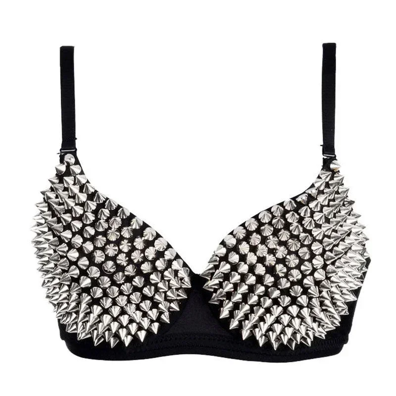 Silver Rivet Rave Bralette Bra Women Sexy Metallic Studded Spike Bralette Goth Punk Push Up Lingerie Party Pole Dance Wear
