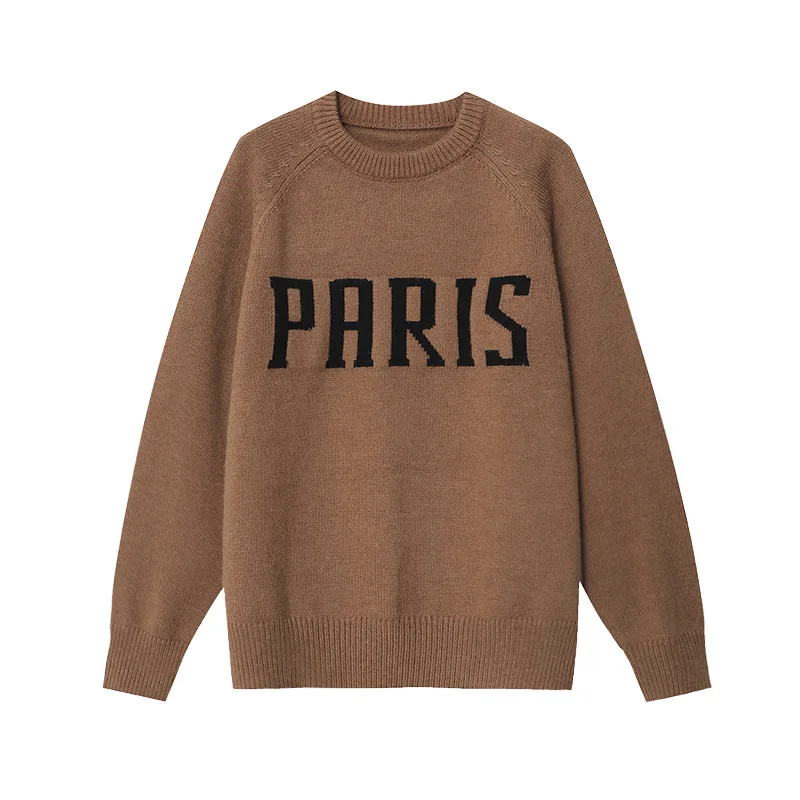 Autumn Winter Letter Raglan Sleeve Wool Sweater Women Round Neck Loose Long Sleeve Knit Jumpers