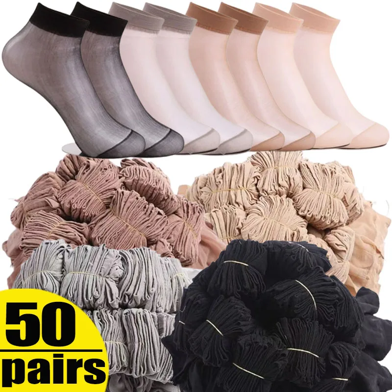 50pairs-10Pairs Women's Transparent Summer Socks Ultrathin Nylon Ladies Female Short Ankle Meias Elastic Crystal Spring Silk Sox