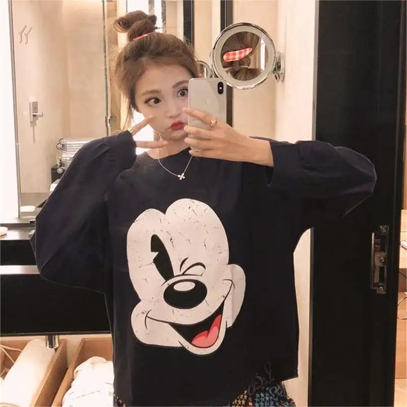 Disney 2pcs Cartoon Mickey Print Pajamas Long Sleeve Pants Ladies Spring and Autumn Cute Cartoon Home Clothes Warm Set Pajamas