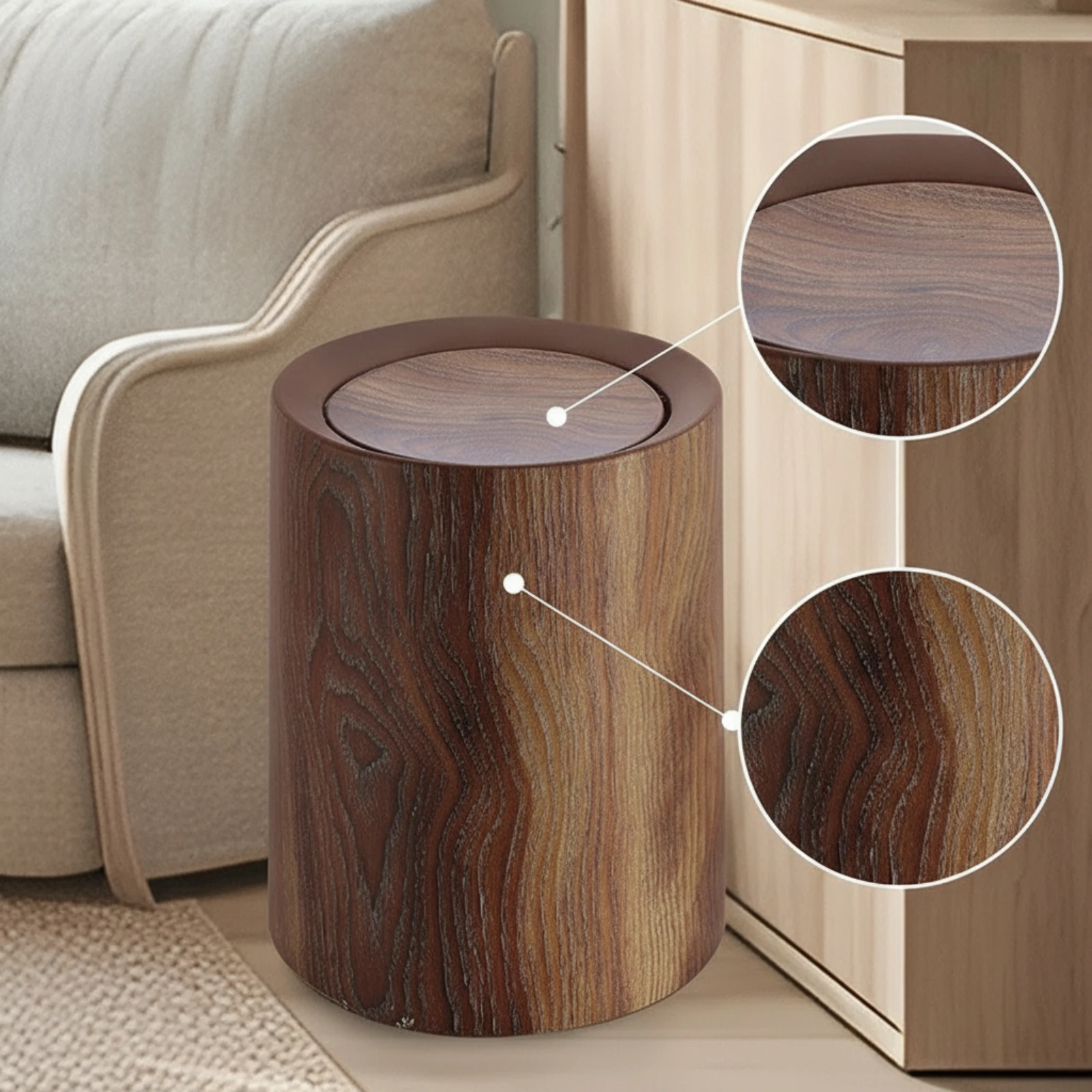 Wood Grain Trash Can Straight-Sided Cylindrical Trash Can Round Wood Wastebasket Natural Texture Waste Bin Sturdy
