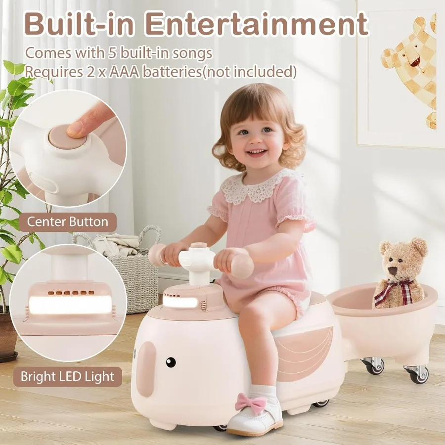 トレーラー付き乗用玩具、屋内外兼用、幼児用乗車玩具、シート下収納、LEDライト、音楽、足で押すスライドカー