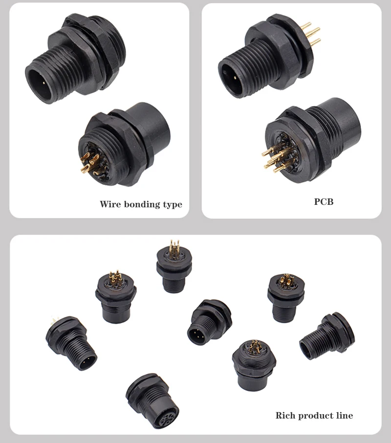 M12 Plastic Male Female Panel Mount Socket IP67 Front Back Hex Nut 4 5 8 17 Pins Solder Type A B D Coding Thread M15 Connectors