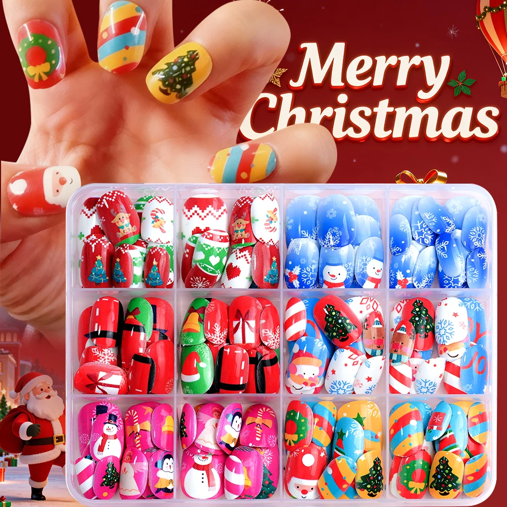 144Pcs/Box Kids Girl Christmas Press on Nails Cartoon Santa Claus Snowflake False Nail Tips Children Short Artificial Fake Nails