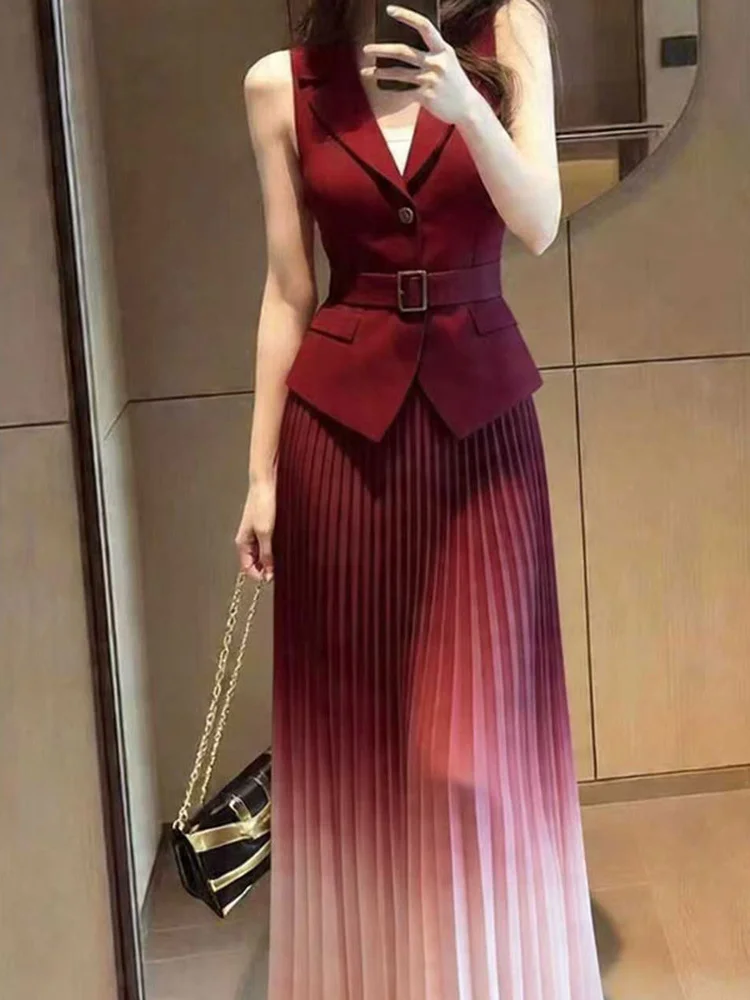 Elegant Gradient Vest Skirt Set Women's Business Casual Summer New Arrival Two-Piece Suit Breathable High Waist Short Style