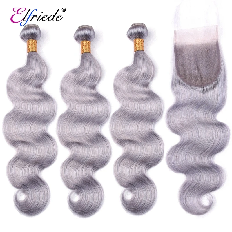 Elfriede Grey Body Wave Colored Hair Bundles with Closure 100% Brazilian Remy Human Hair Weaves 3 Bundles with Lace Closure 4x4