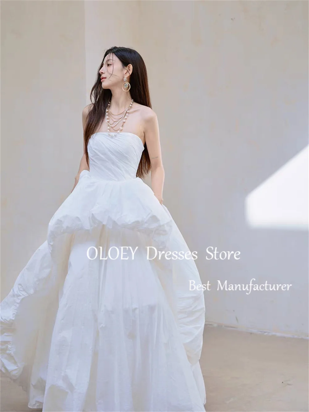 OLOEY Elegant Strapless A Line Wedding Dress Korea Photoshoot Sleeveless Bridal Gown Zip Corset Back Custom Made Pleats Satin