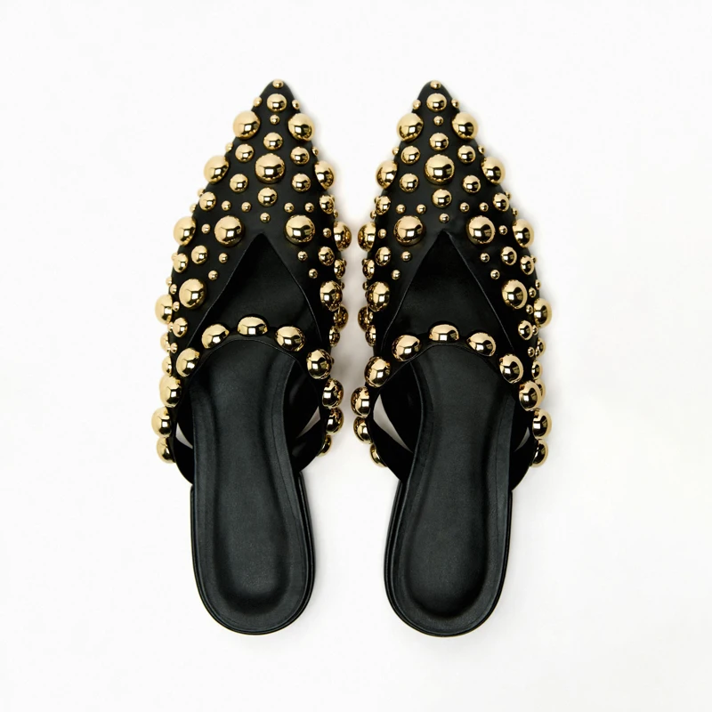 Brand Design Women\'s Slippers Rivet Pointed Toe Flats Mueller Shoes Fashion Black Modern Slipper Flat Flip Flops Slides Shoe