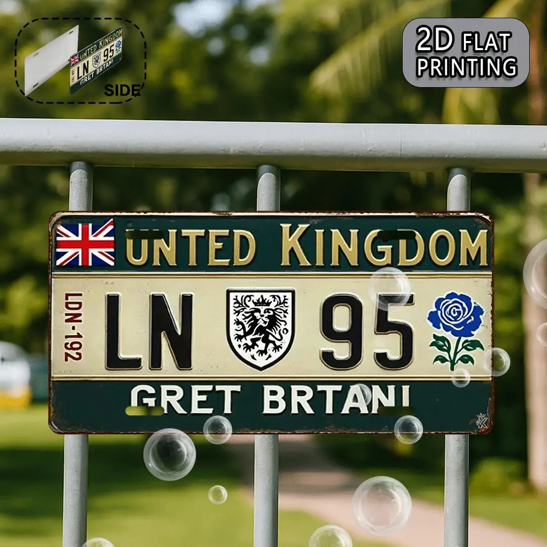 لافتة معدنية للوحة الترخيص البريطانية - ديكور حائط من الألومنيوم مع مقبس الاتحاد وتصميم الأزهار، ديكور ريفي للمنزل والمكتب، Perfec