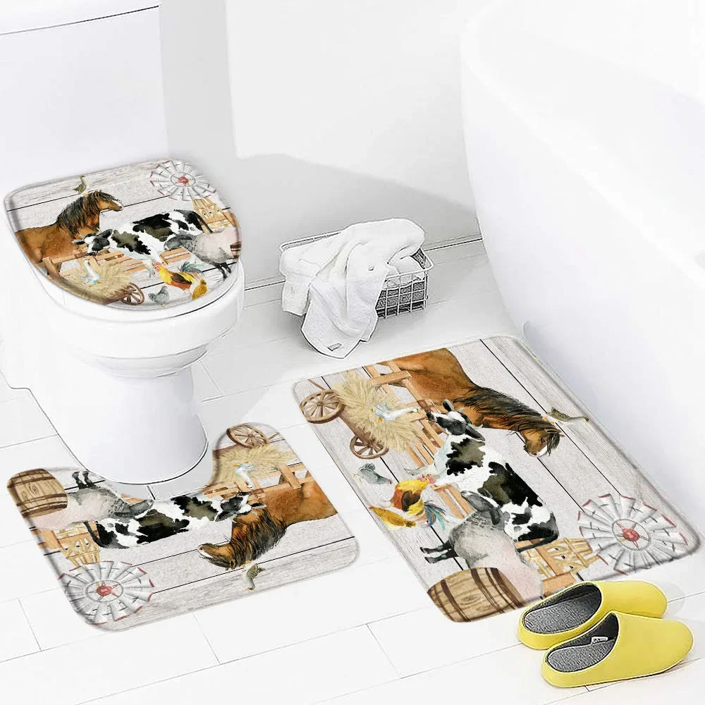 Farm Cow Horse Rooster Bathroom Mat Set Animal Windmill Wood Plank Creative Bathroom Accessories Set Anti Slip Rugs Toilet Cover