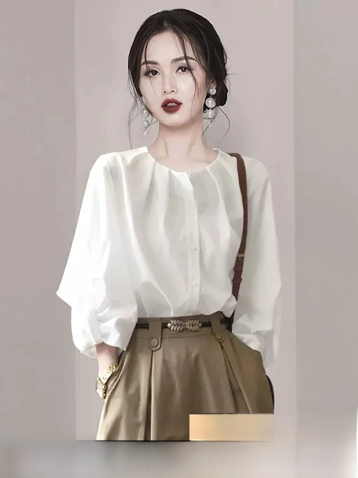 

Elegant White Chiffon Shirt Women's Summer 2026 New Style Korean Loose Fit Lantern Sleeve round Neck Open Cardigan