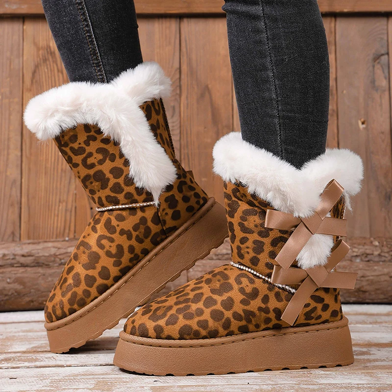 Botas de nieve con estampado de leopardo para Mujer, zapatos acolchados de algodón de felpa cálidos para invierno, Botas de media pantorrilla sin cordones con suela gruesa para Mujer