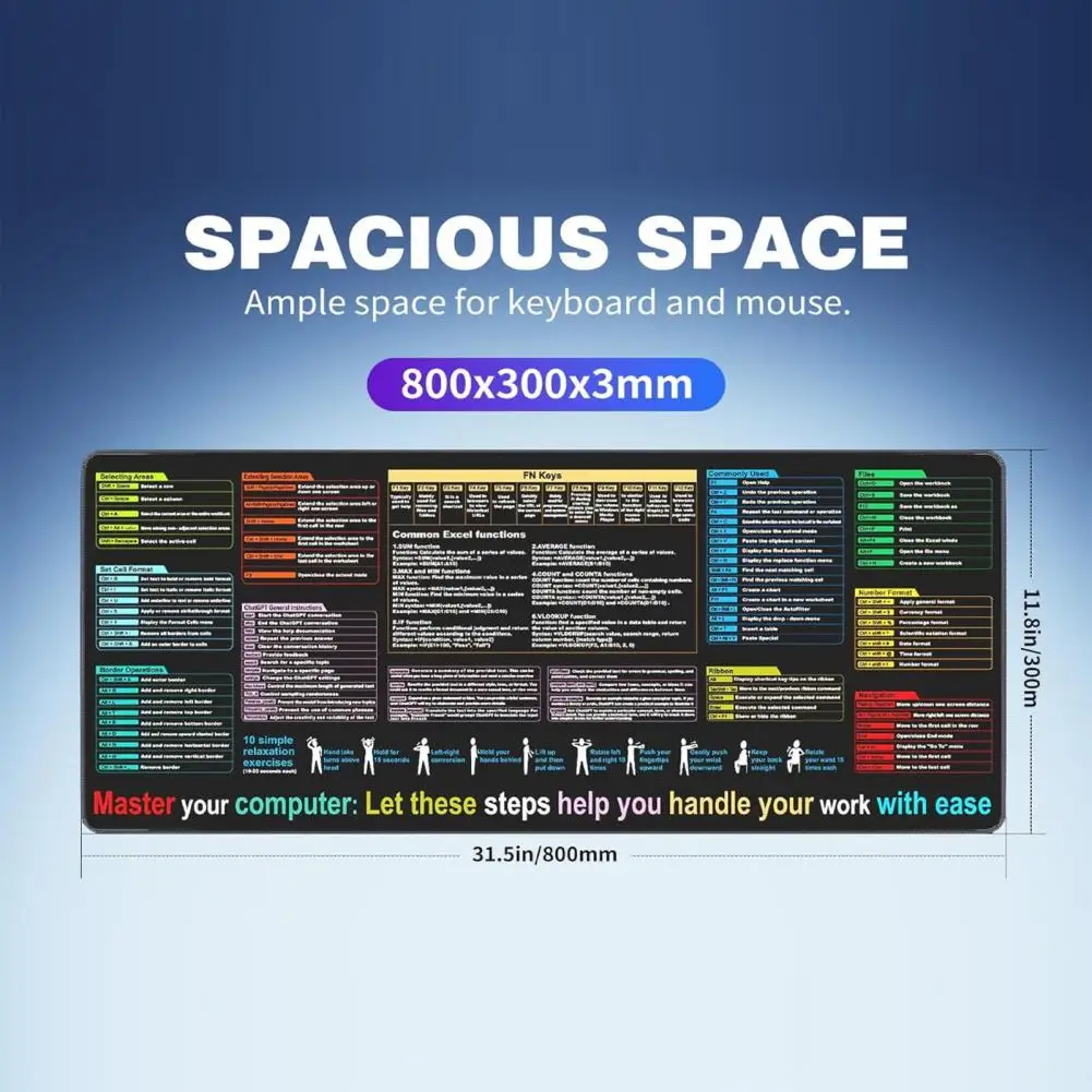 Extra-large Mouse Pad Wear Resistant Waterproof Non-Slip Mouse Mat Excel Cheat Sheet Desk Pad Gaming Mat Office Desk Accessory
