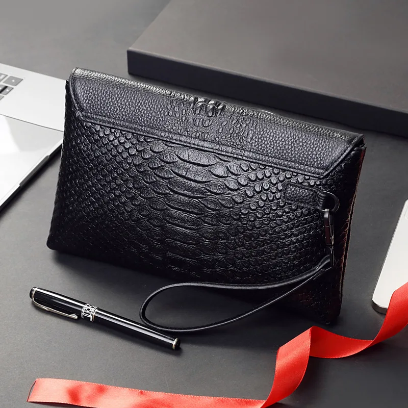 Crocodile Pattern Men's Handbag Black Leather Soft Leather Wallet New Large Capacity Envelope Bag Grip Bag ita y2k bag view 2