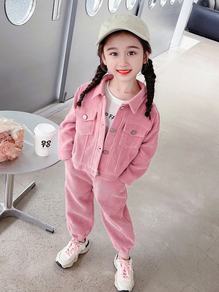 

2024 Spring Girl's Set Fashion Corduroy Laple Jacket + Casual Loose Sport Pants Korean Girls Autumn Suit 2-7Years Old