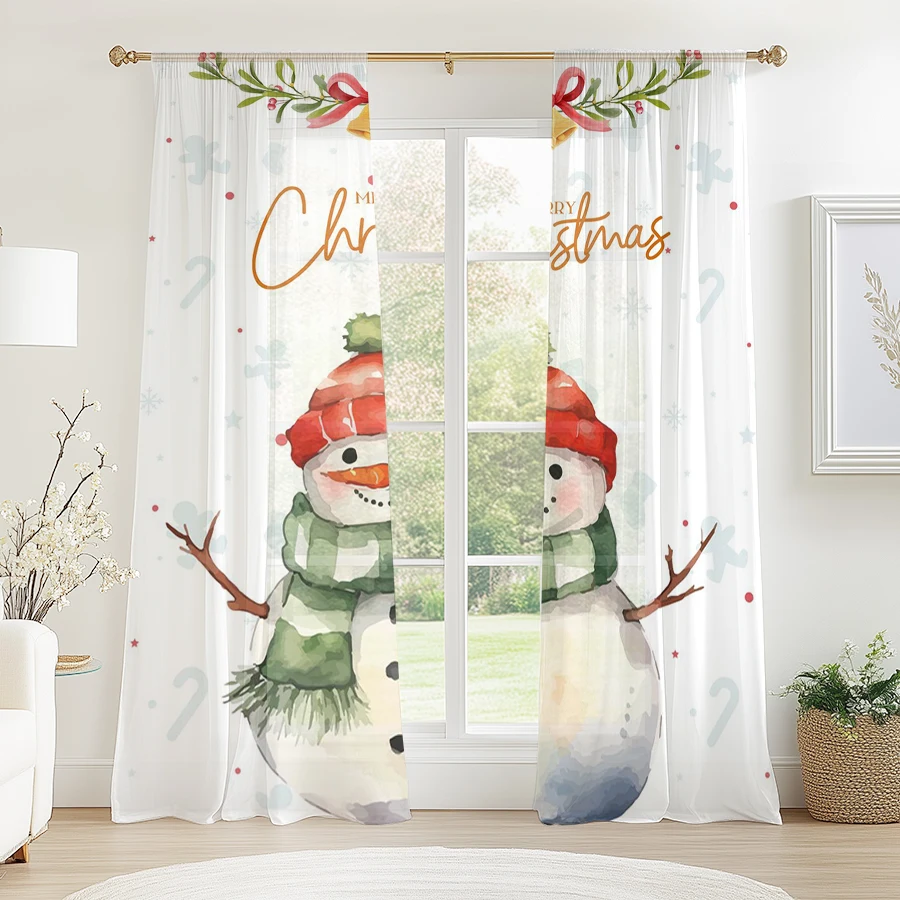 2PCS Christmas Sheer Curtains, Snowman Gift Box Xmas, Digital Print, Bedroom Living Room, Rod Pocket Polyester, Home Decor