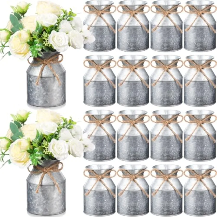 

16 Pcs 5.12 Inch Farmhouse Metal Flower Vase Galvanized Milk Can Jug Vase with Twine Bow Rustic Flower Buckets for Floral Table