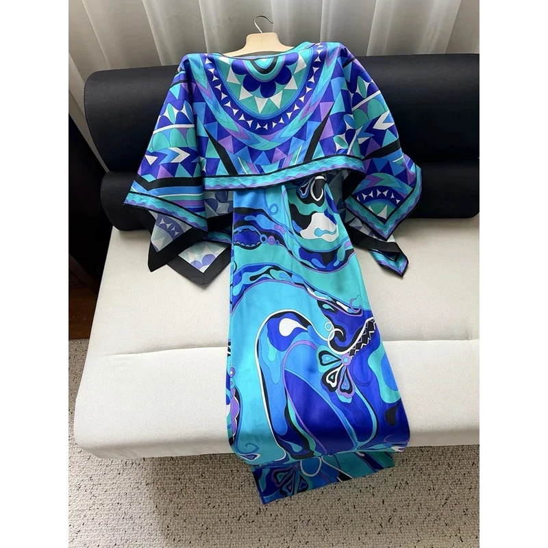 Spring Summer Fashion Party Elegant Geometric Print Long Dress Suit Women's O-Neck Batwing Sleeve Top+Spaghetti Strap Slim Dress