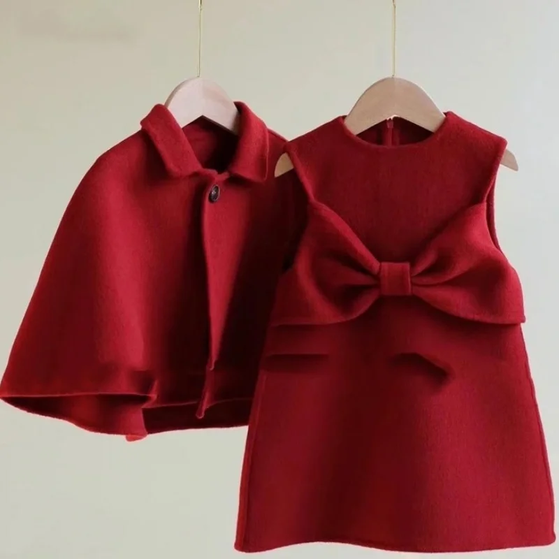 1-12 anni vestiti per bambini ragazza moda principessa mantello di lana rossa + vestito 2 pezzi Set inverno autunno bambini collare per bambini