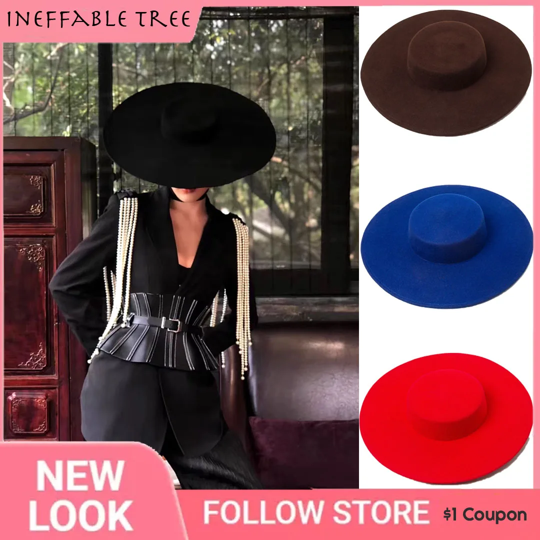 

Wide Big Brim Wool Flat Formal Black Women Fedora Stage Show Felt Cap Winter Lady Catwalk Outdoor Top Hats Sombreros De Mujer