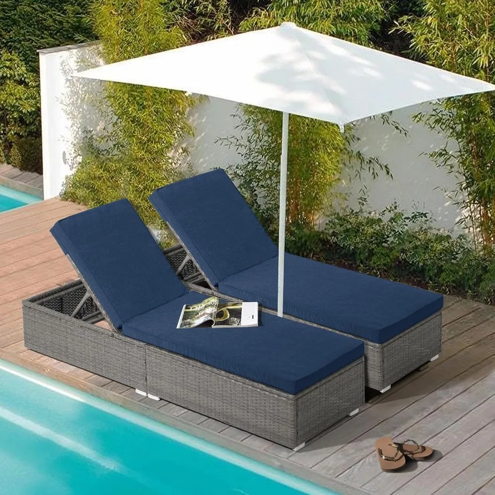 Outdoor Patio Chaise Lounge Chairs Set of 2, PE Wicker Patio Pool Lounge Chairs Furniture, Pool Lounger Gray Rattan Adjustable