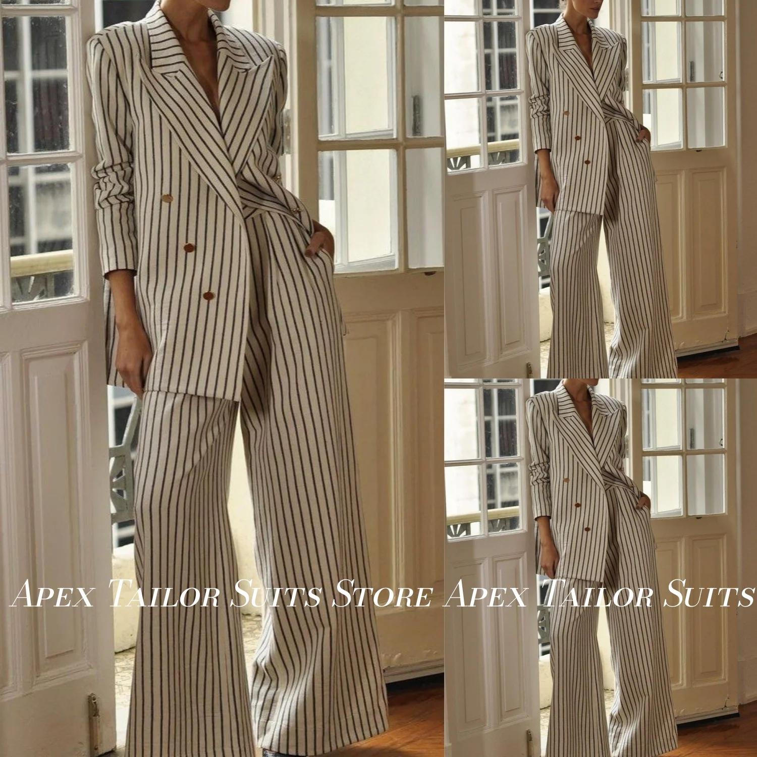 Women Blazer Pants 2 Piece Suit  Striped Double Breasted Wide Peak Lapel Jacket Wide Leg Trousers Office Casual Outfit
