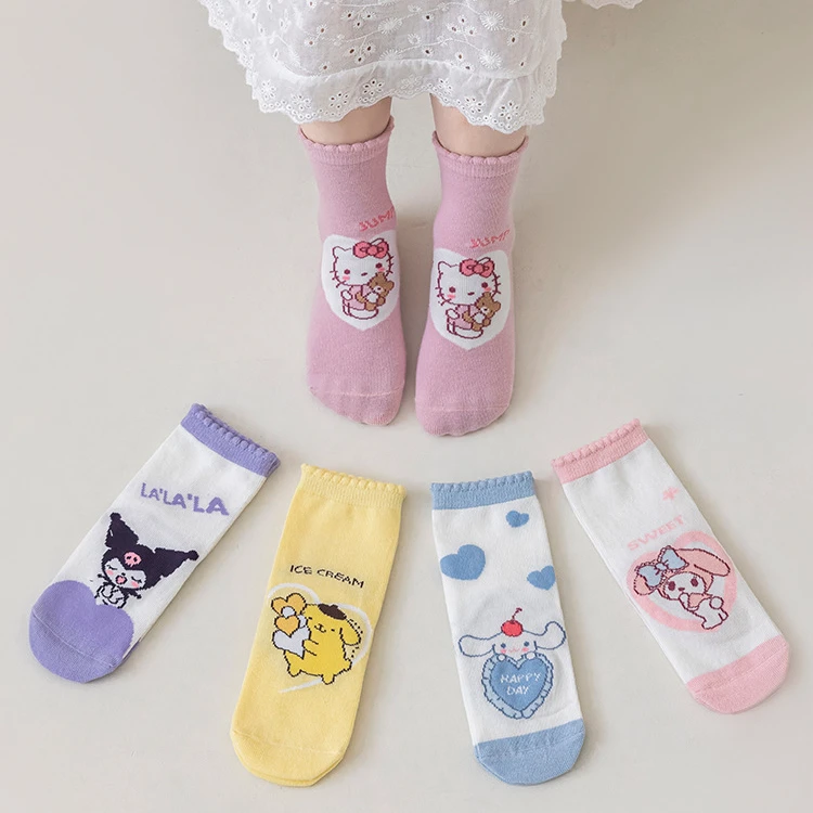 

5Pcs Kids Socks Sanrio Kids Hellokitty Cinnamoroll Melody Kuromi Anime Sock Spring Autumn Winter Soft Breathable Girl Gift