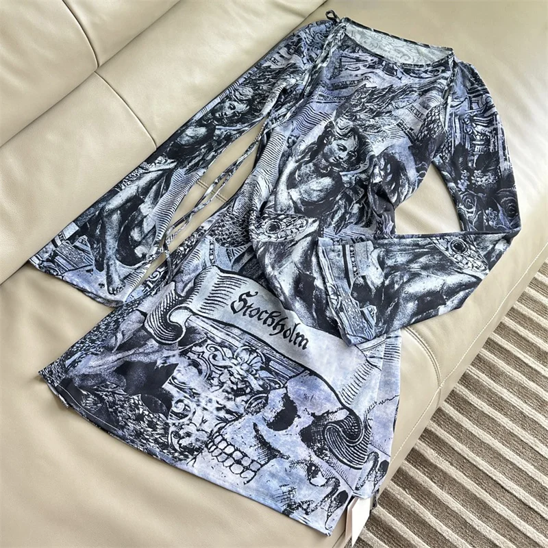 Women\'s dress New retro printed long sleeved mini dress for autumn 2024 Lace up slim fit Elastic Short dresses y2k midi dresses