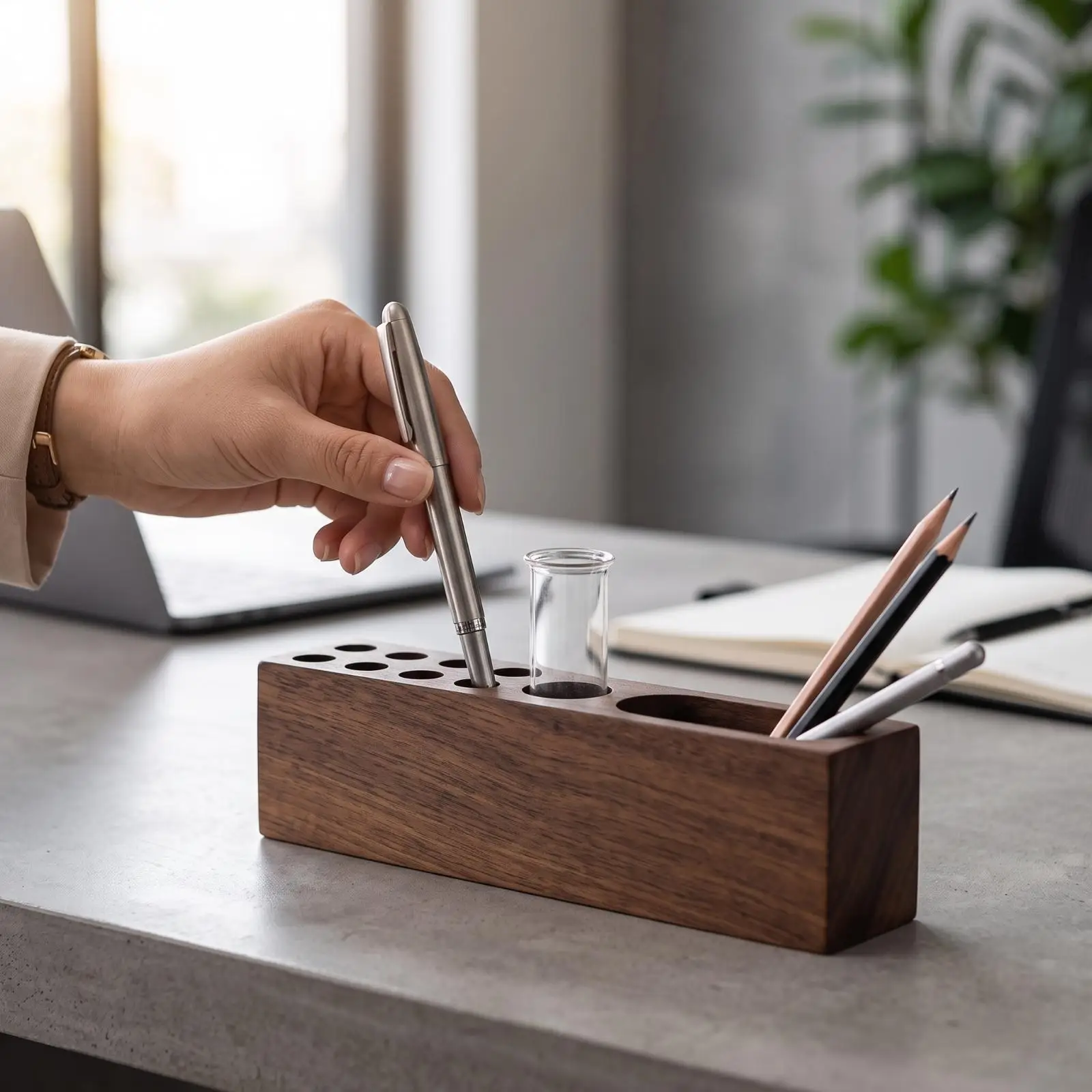 Desk Pen Holder Wooden Organizer with Glass Cylinder Cup for Office Counter and Study