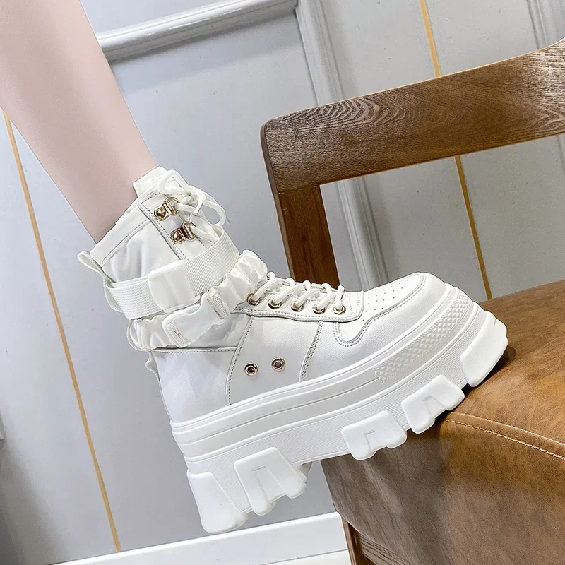 7CM Green Punk Chunky Platform Motorcycle Boots Women Autumn Winter Gothic Shoes Woman Thick Bottom Lace Up Ankle Botas Mujer