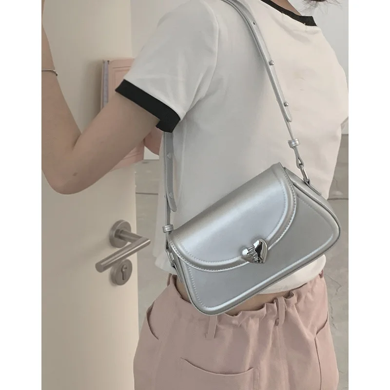 Y2K Silver Shouder  Bags for Women 2023 Fashion Luxury Brand Designer Handbags Love Buckle The Tote Small Purse Underarm Bag