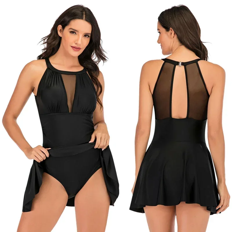 2024 New Sexy Mesh One Piece Swimsuit for Women Plus Size Swimwear Female Bathing Suit Skirt Backless Monokini Swimming Suit