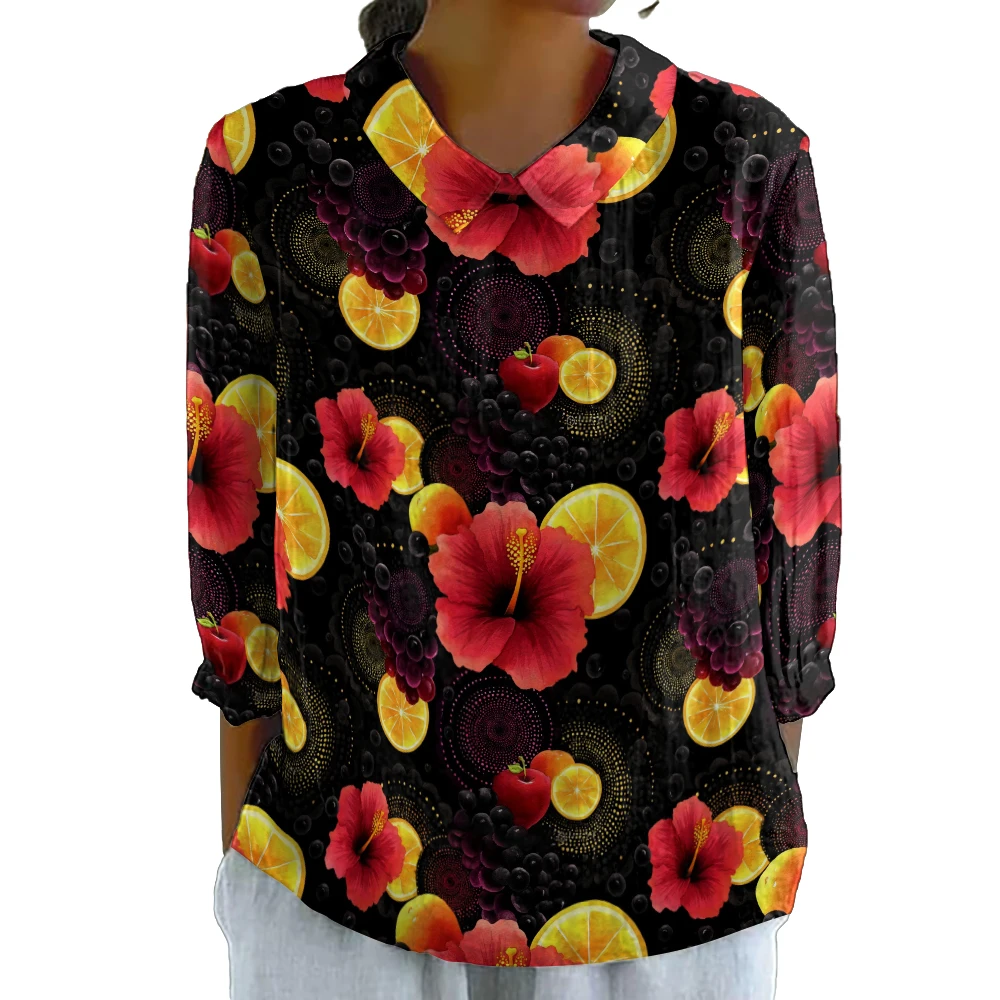 

Women’s 3/4 Sleeve Turn-Down Collar Shirt Tropical Party Blouse Hawaiian-Inspired Elegant Flowers Shirt Classic Streetwear