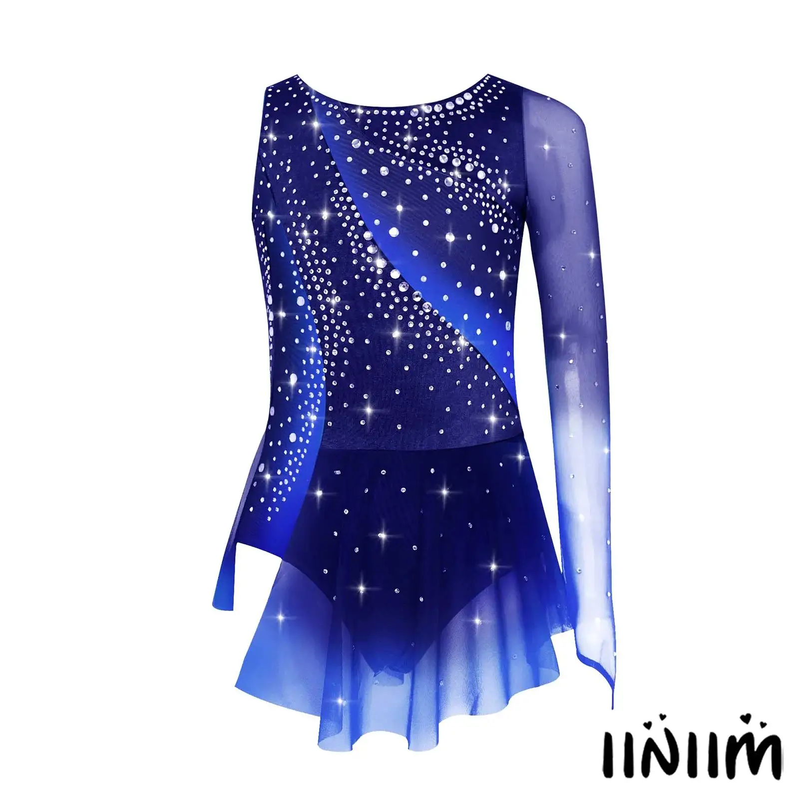 Girls Asymmetrical Gymnastics Dance Leotard Dress Sparkling Rhinestone Side Split Built-in Briefs for Ballet Stage Performance