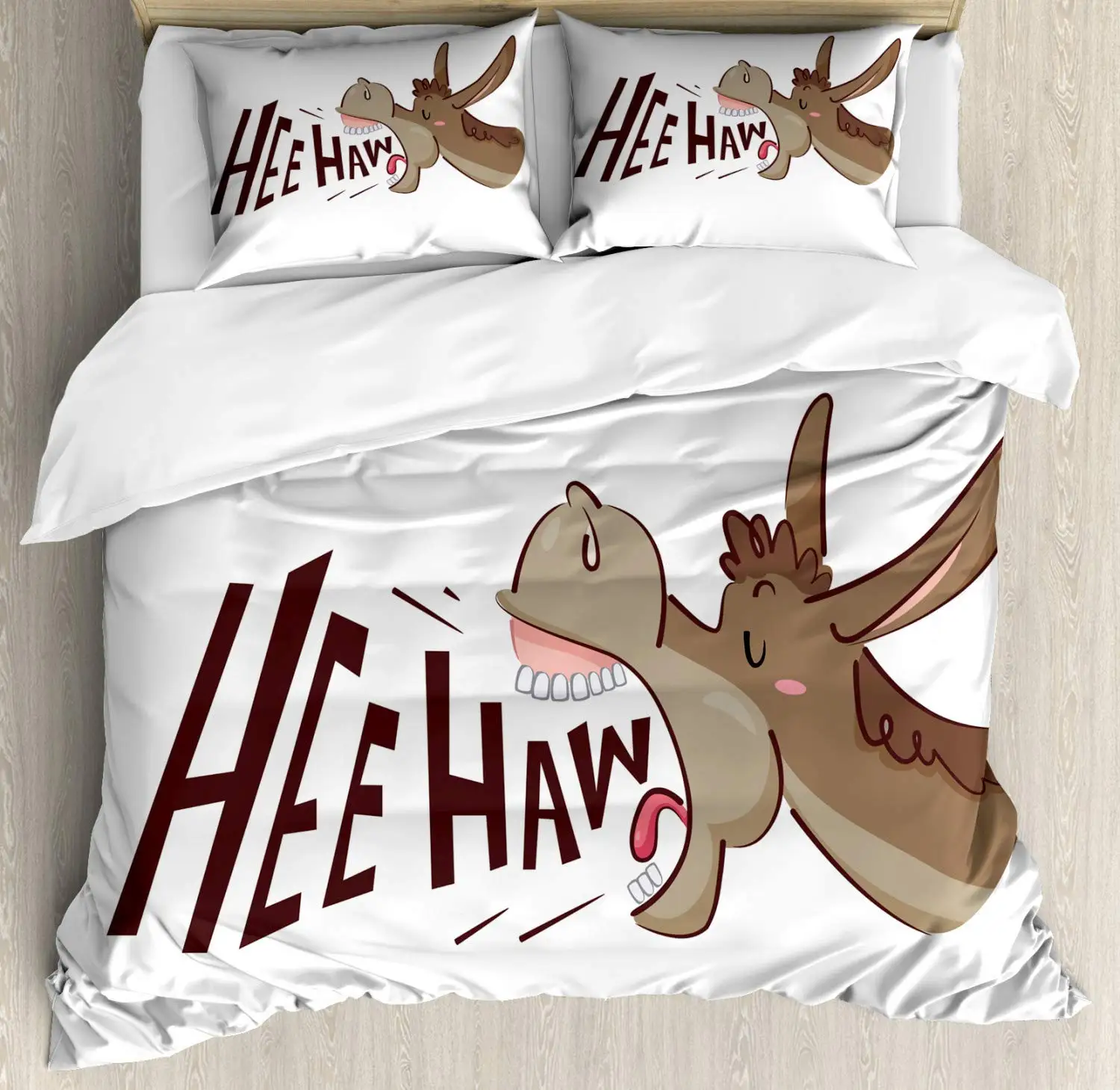 Donkey Duvet Cover Set Cartoon Donkey With HEE Haw Text Funny Domestic Animal Portrait King Size Twin Bedding Set For Kids Teens