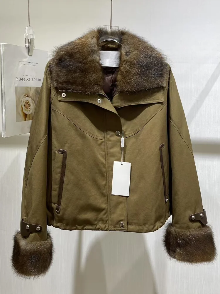 2025 inverno quente mulheres ganso para baixo jaquetas natural real muskrat gola de pele manguito feminino outwear casacos puffer jaquetas