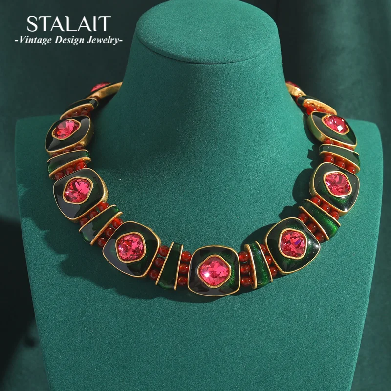 

Vintage Pink Enamel Choker Necklace Green Red Glass Collar Square Round Short Gold Color Antique Jewelry Accessories For Women