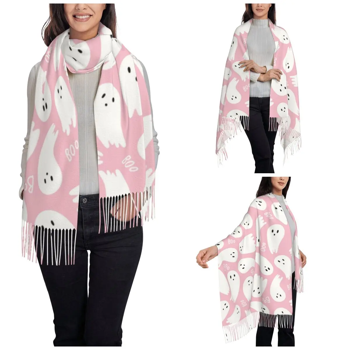 Pink Ghosts Scarf for Women Fall Winter Pashmina Shawls and Wrap Halloween Single-sided Pattern Shawl Scarf for Evening Dress