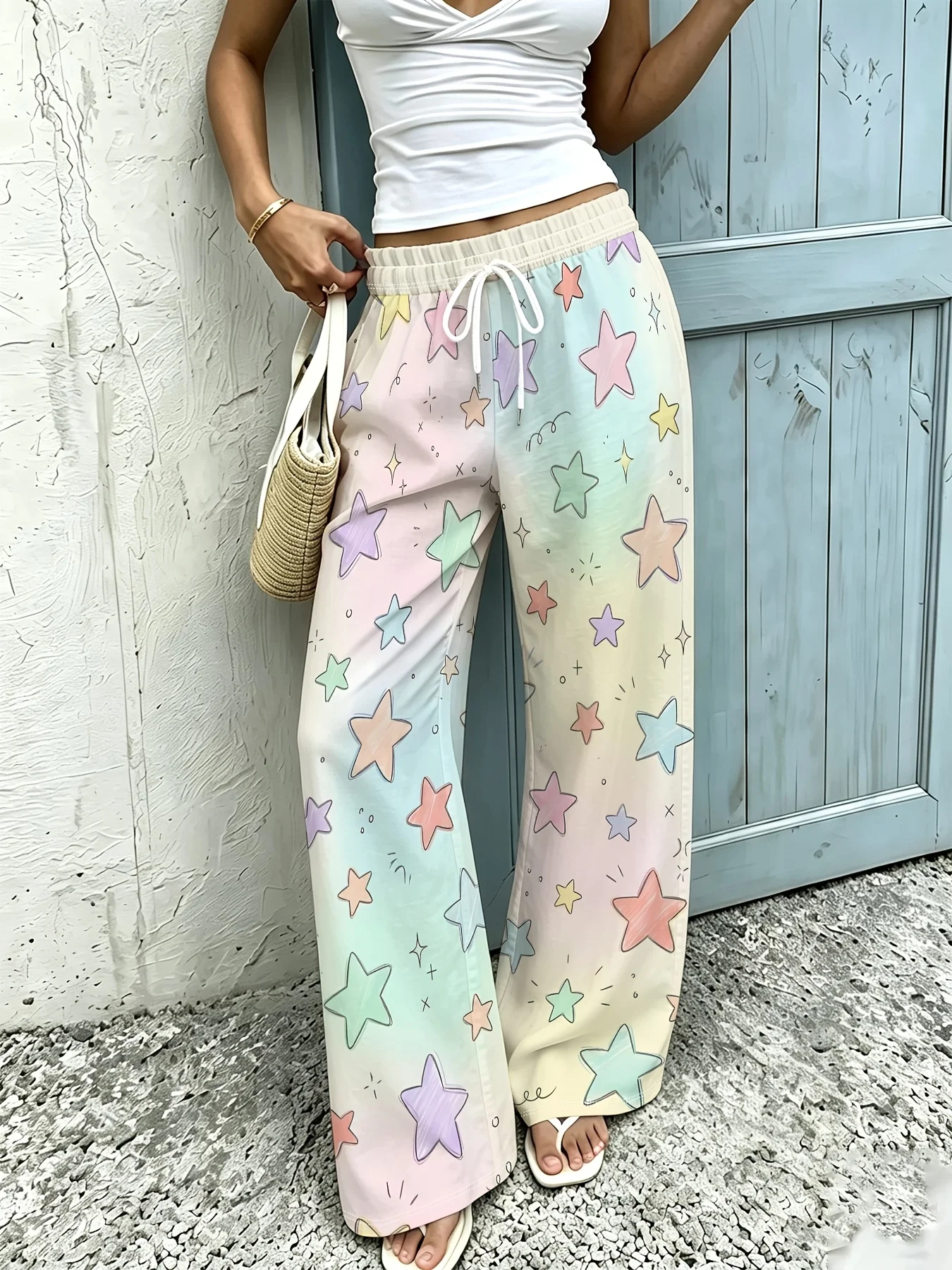 Women's Wide-Leg Floor-Length Pants with Elastic Drawstring Waist  Vintage Patchwork Full-Body Floral Plaid & Polka Dot Trousers