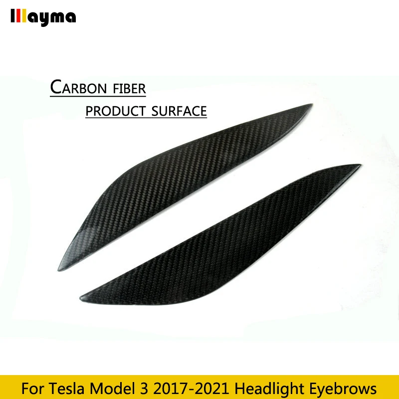 Real Carbon Fiber Car Headlight Cover Eyebrows Front Lamp Carbon Forge Look Sticker Eyelid For Tesla 2017 - 2021 Model 3 Model Y