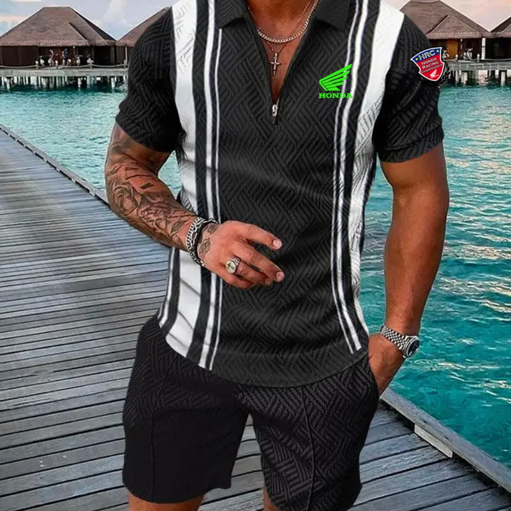 

Honda Men's Collar Sports Set Summer Fashion Men's Short Sleeved Zipper Collar Shirt And Shorts Set Men's Casual Street Wear Two