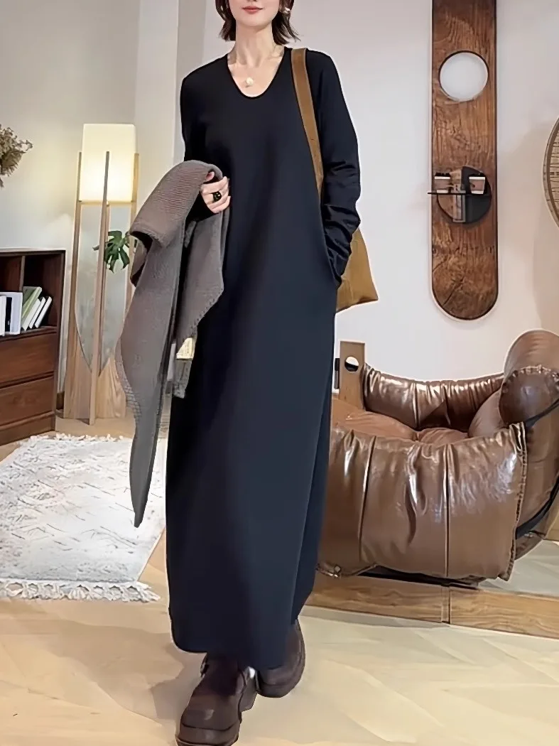 

Ele V-Ne Long Loose Autumn Winter Dr for plus Size Women Belly Concealing Slimming Lazy Sle Casual Faion Dr